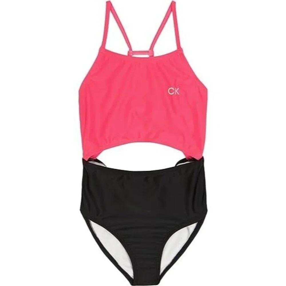 Calvin Klein Big Girls Cutout Color Block Bikini Swimsuit One Piece Pink Black 7
